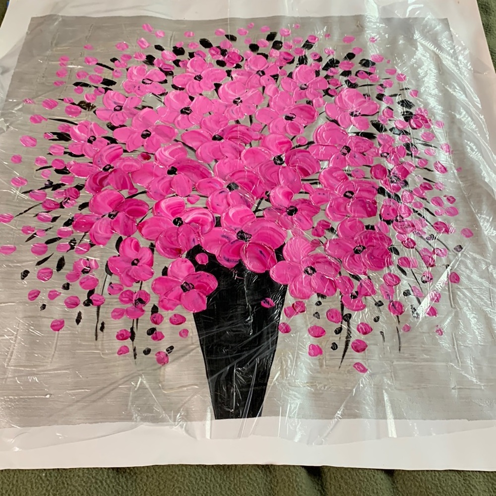 Textured pink floral oil painting. Painting 20.5 x 20.25. Canvas 23.5 x 23.5 - Picture 1 of 4